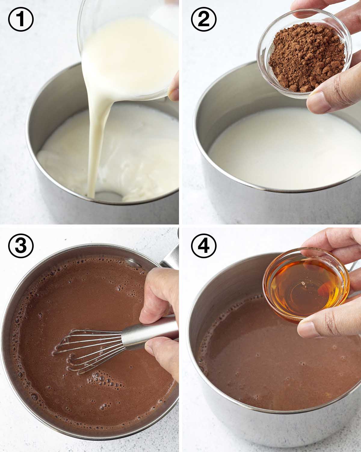 A collage of four images showing the sequence of steps needed to make vegan hot chocolate.