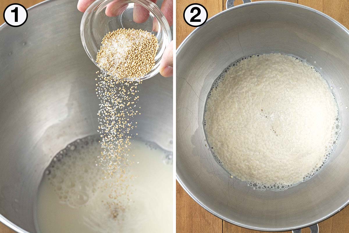 Two images showing the first sequence of steps needed to make vegan pumpkin cinnamon rolls.