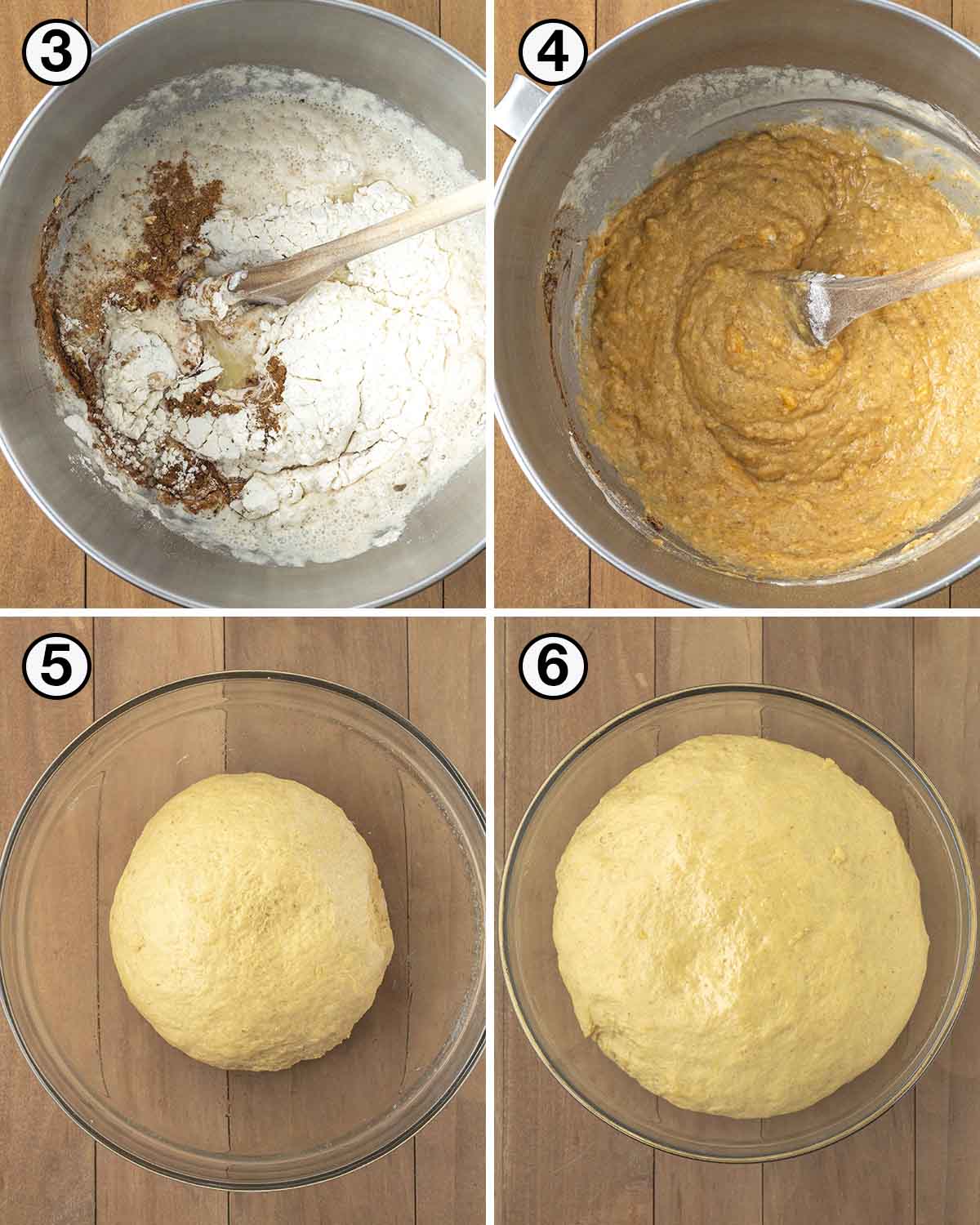 A collage of four images showing the second sequence of steps needed to make vegan pumpkin cinnamon rolls.