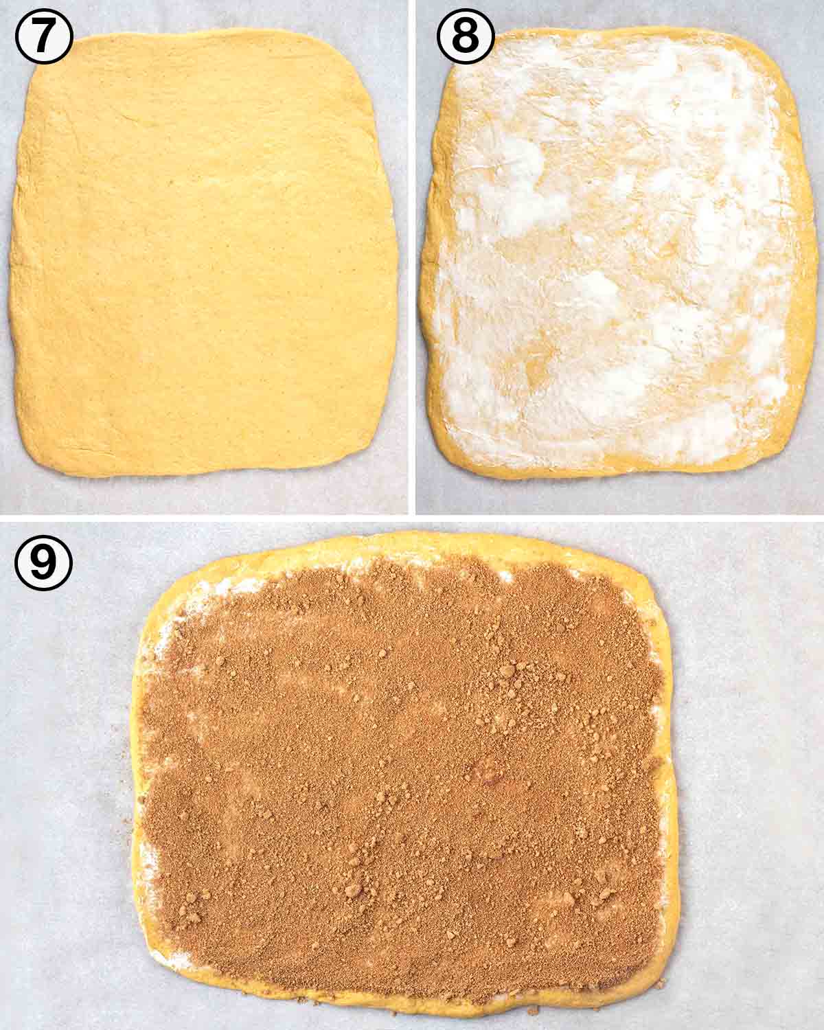A collage of three images showing the third sequence of steps needed to make vegan pumpkin cinnamon rolls.