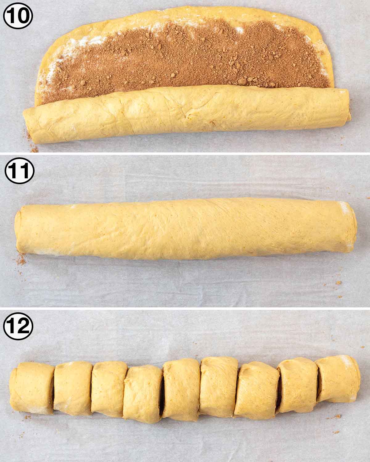 A collage of three images showing the fourth sequence of steps needed to make vegan pumpkin cinnamon rolls.