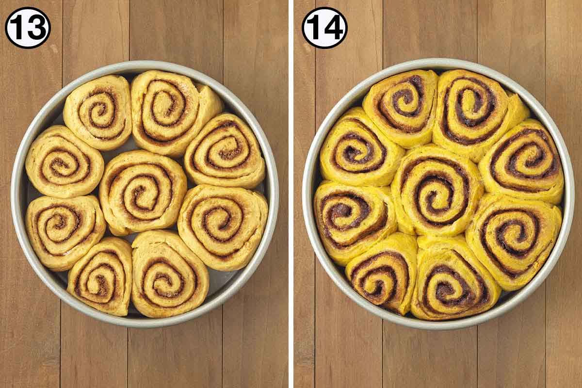 Two images showing vegan pumpkin cinnamon rolls before and after being baked.