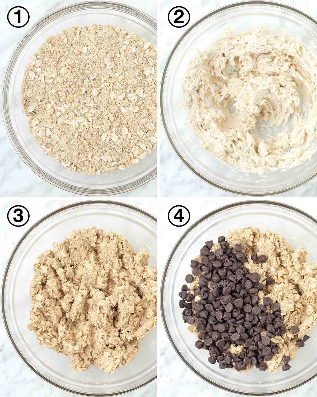 A collage of four images showing the first sequence of steps needed to make almond flour oatmeal cookies.