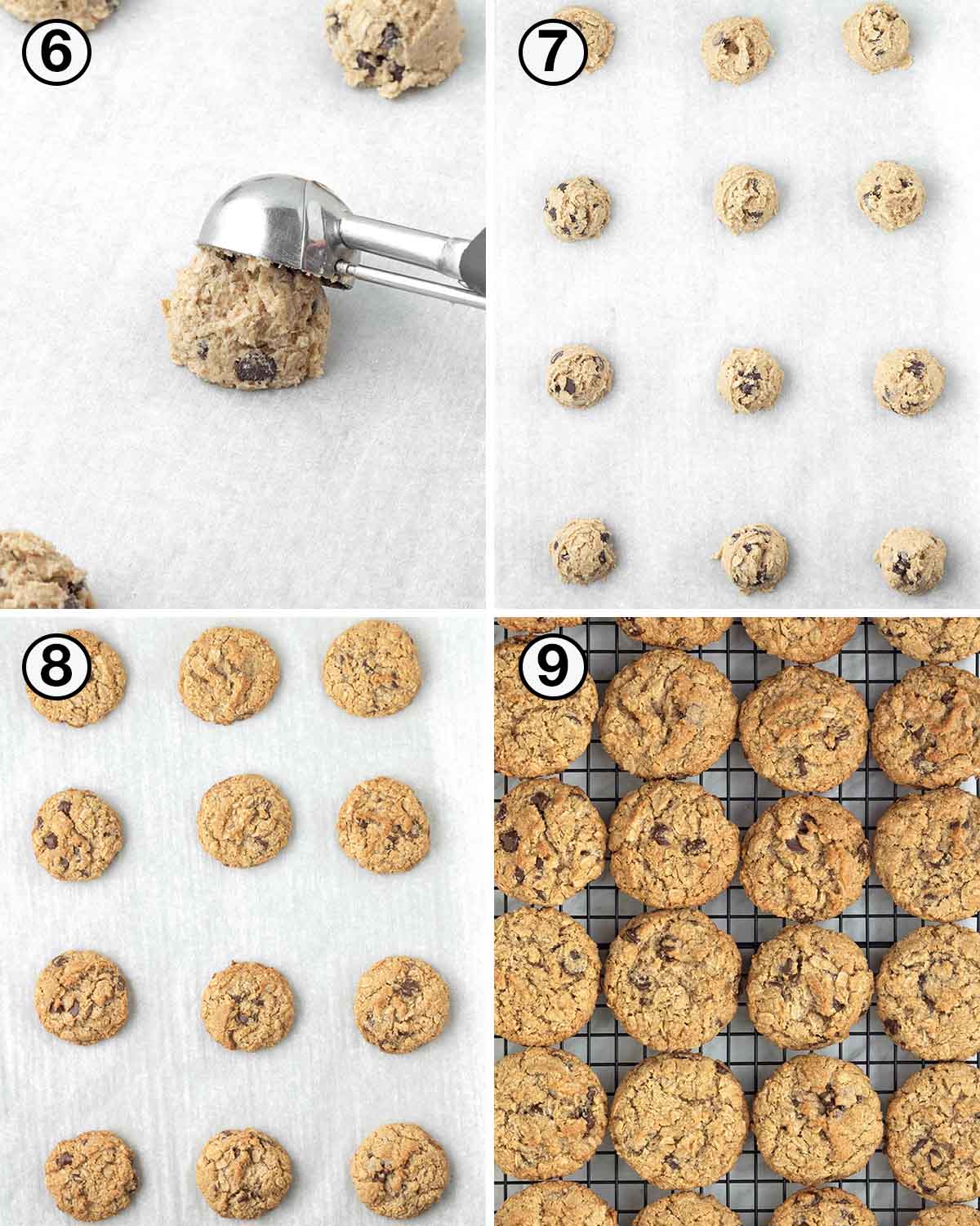 A collage of four images showing the third sequence of steps needed to make almond flour oatmeal cookies.