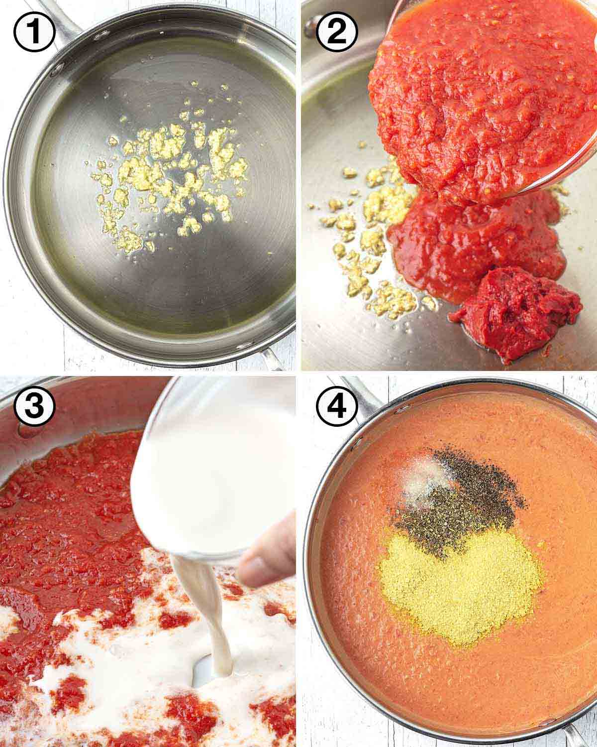 A collage of four images showing the first sequence of steps needed to make vegan tomato pasta.