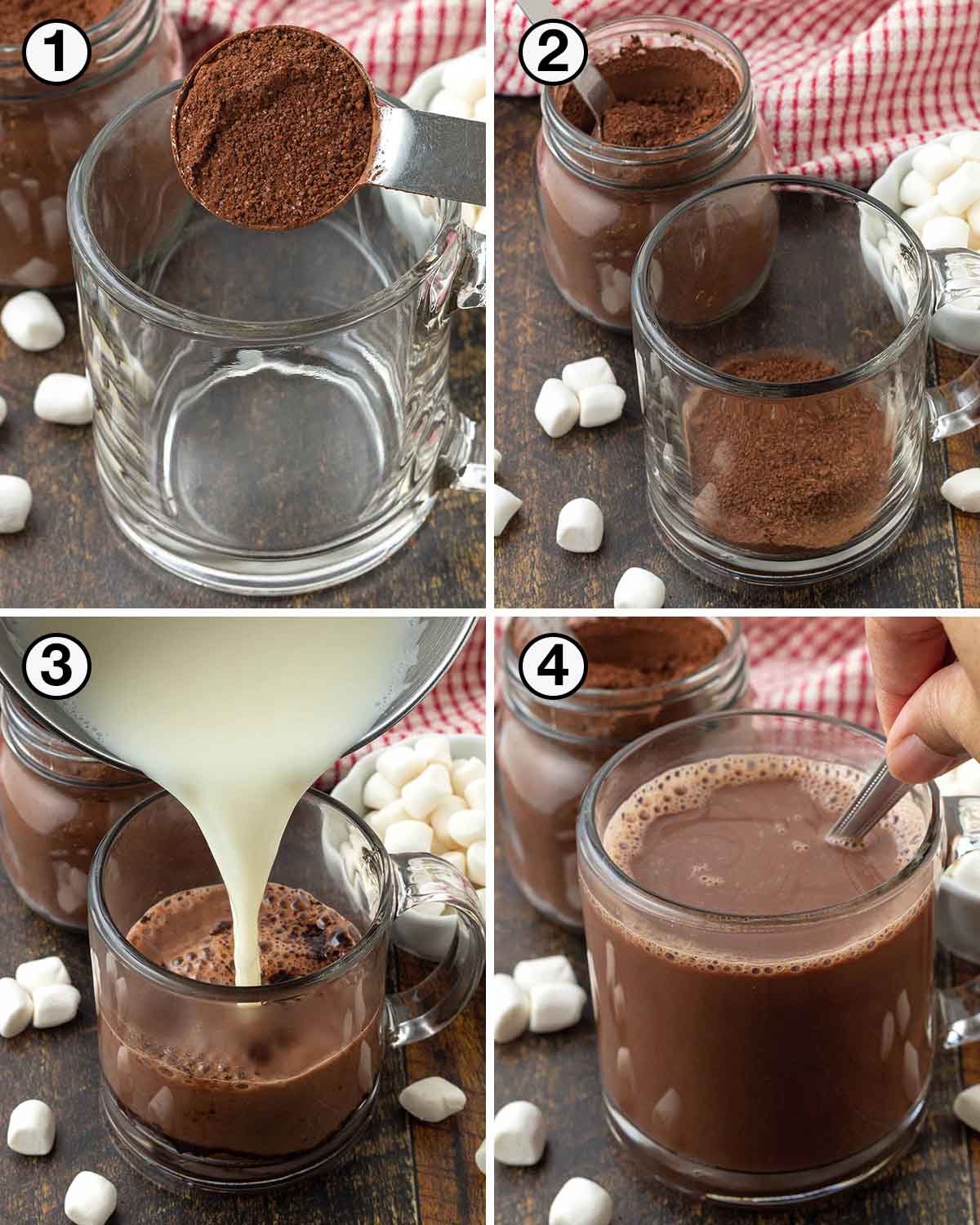 A collage of four images showing the sequence of steps needed to make vegan hot chocolate using a homemade mix.