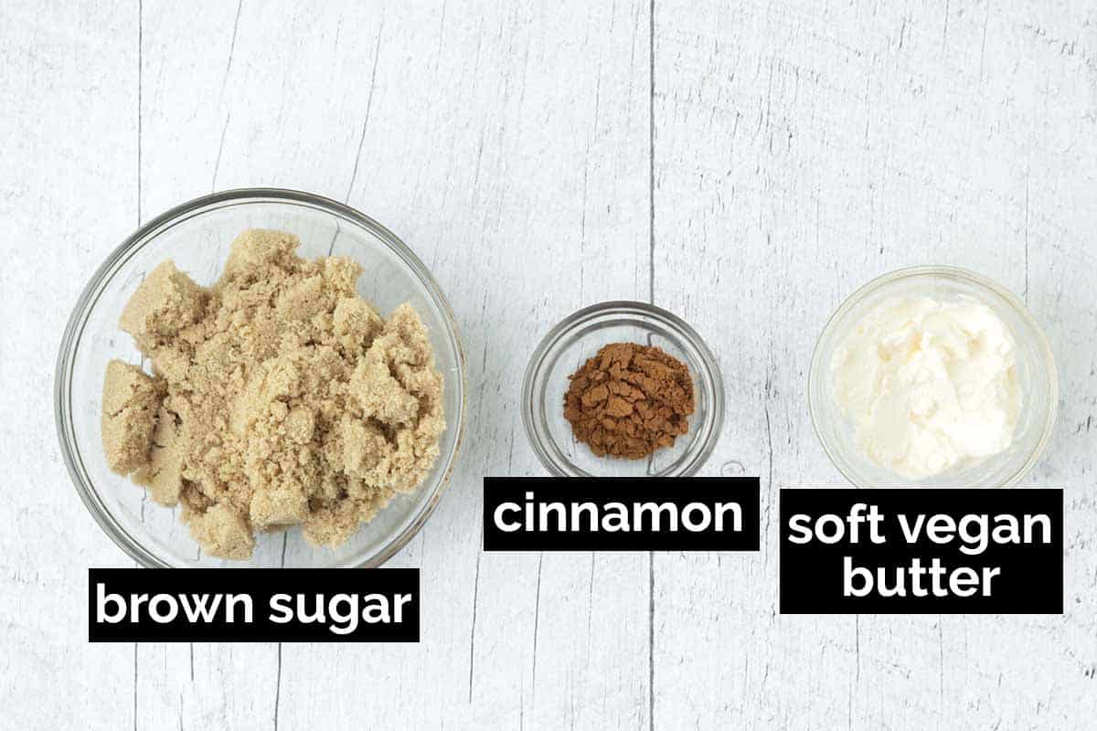An overhead shot showing the ingredients needed to make the filling for vegan cinnamon rolls.