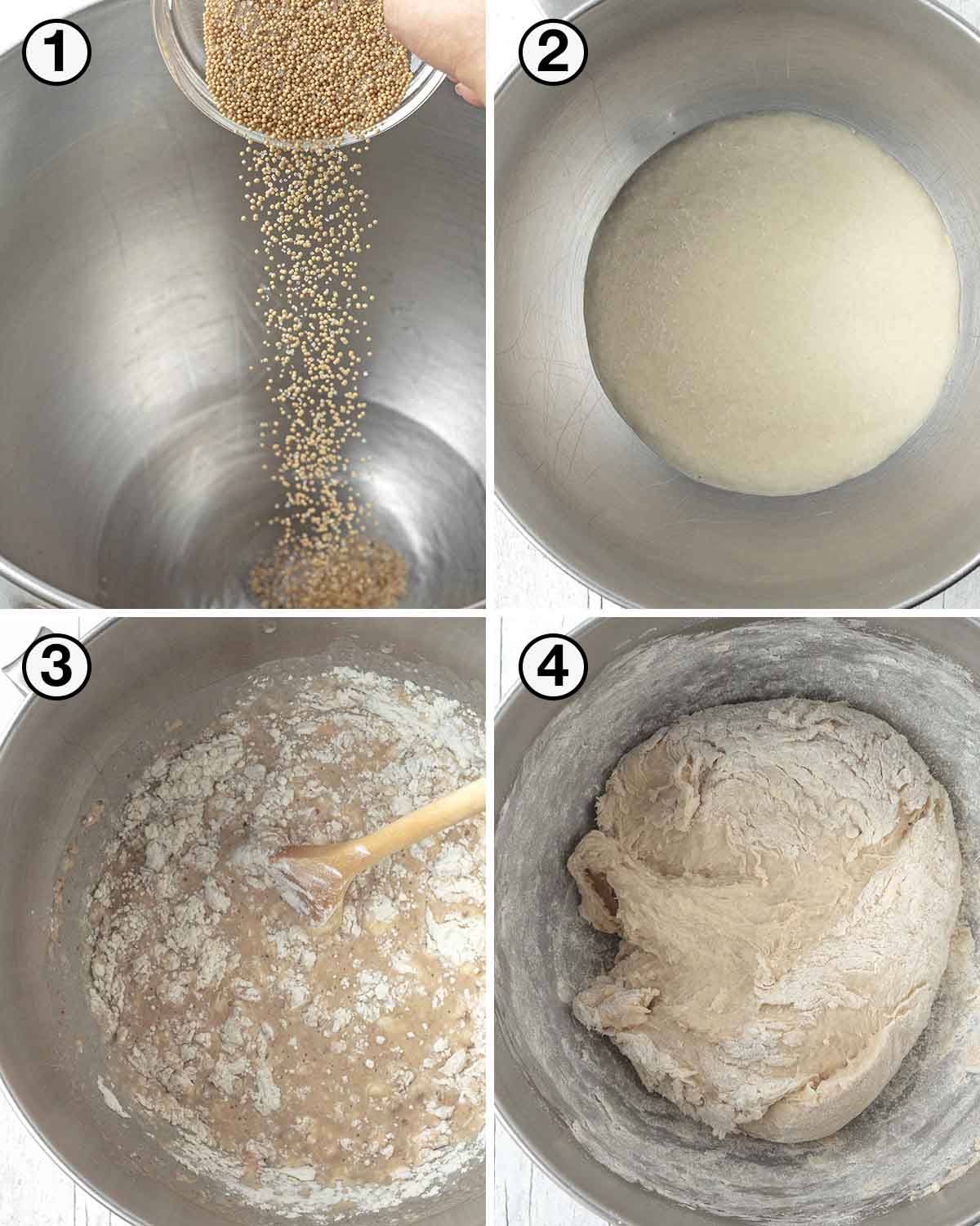 A collage of four images showing the first sequence of steps needed to make vegan cinnamon rolls.