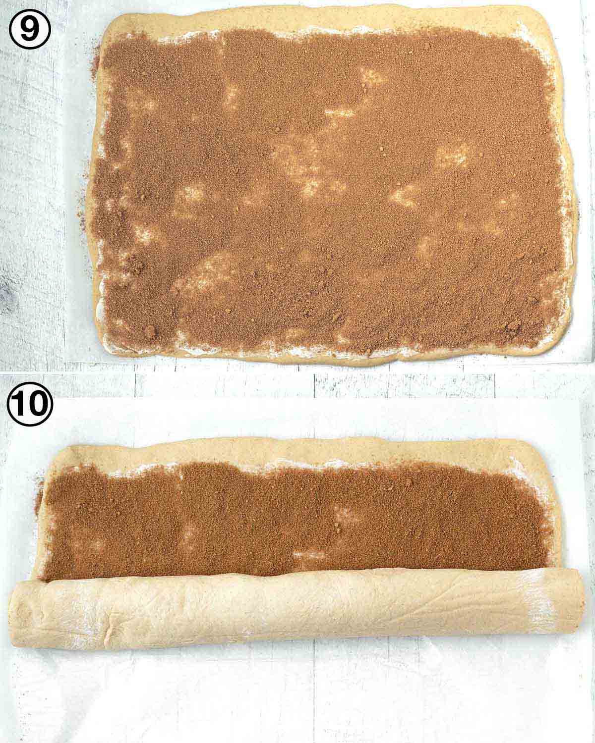 A collage of two images showing the fifth sequence of steps needed to make vegan cinnamon rolls.
