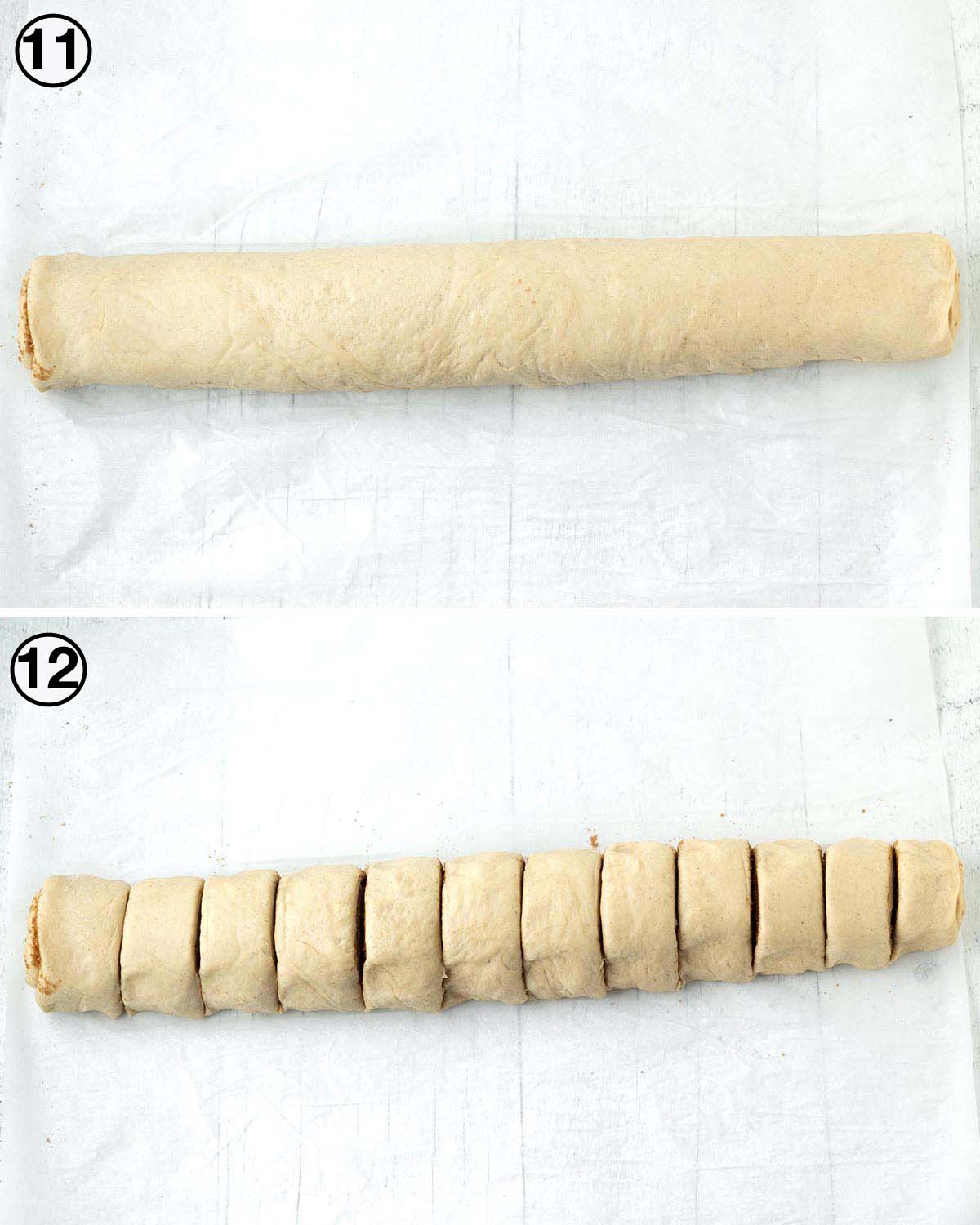 A collage of two images showing the sixth sequence of steps needed to make vegan cinnamon rolls.