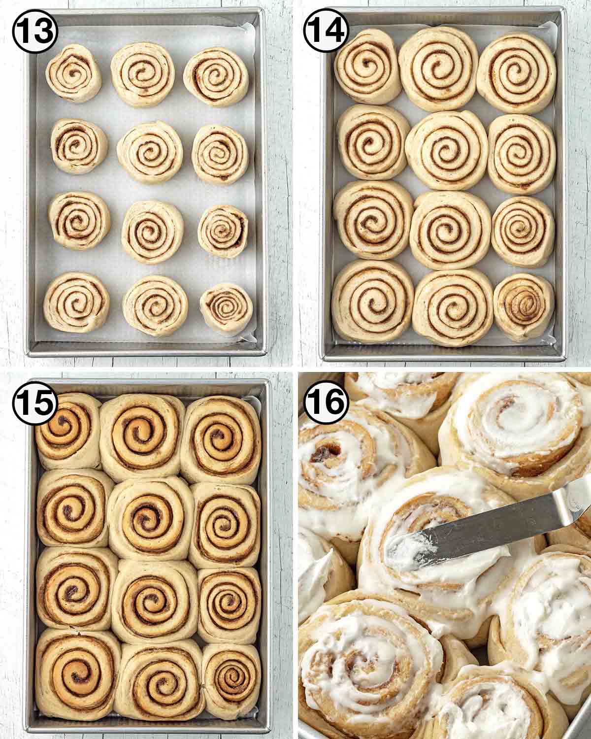 A collage of four images showing the final sequence of steps needed to make vegan cinnamon rolls.
