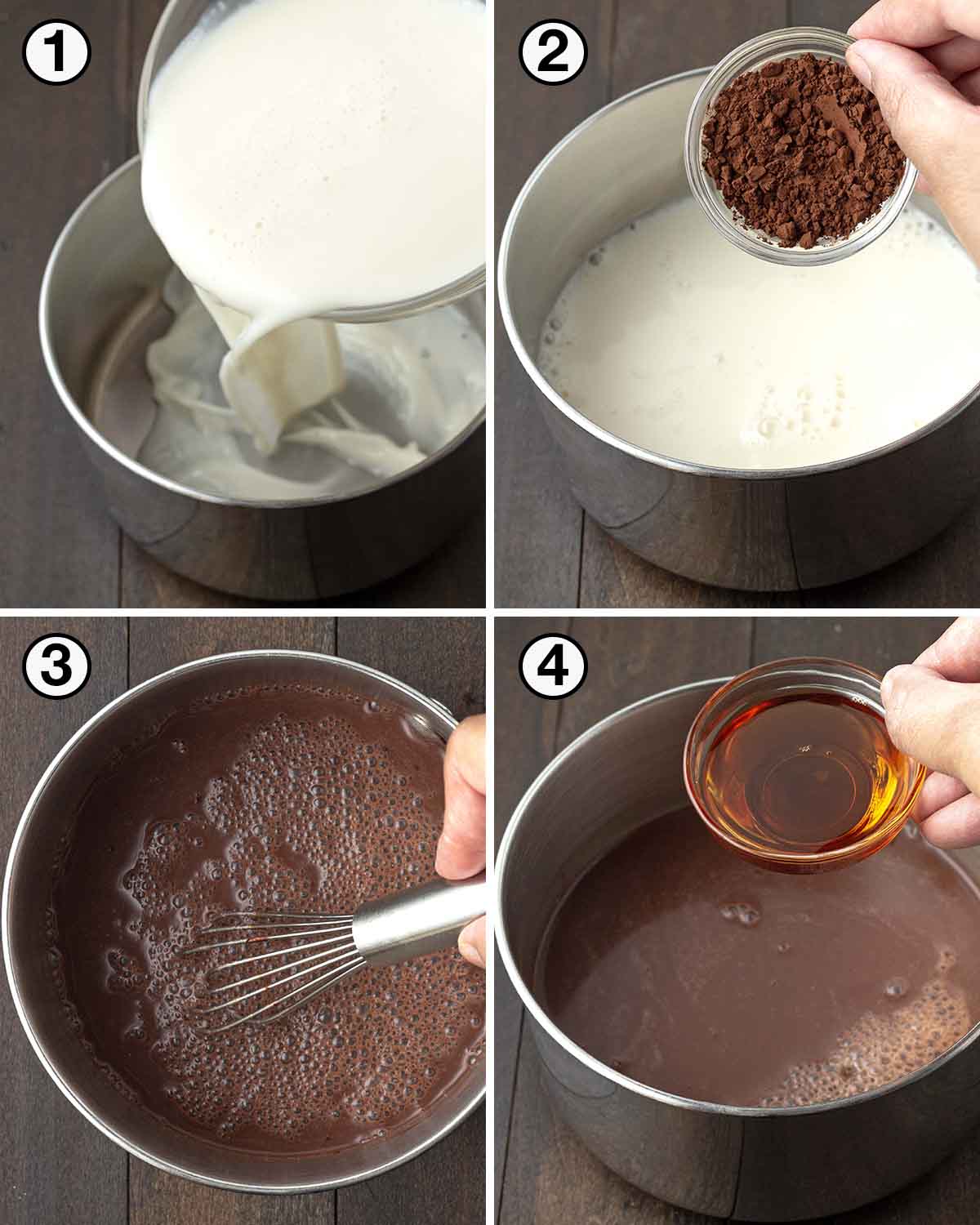 A collage of four images showing the first sequence of steps needed to make dairy-free peppermint hot chocolate.