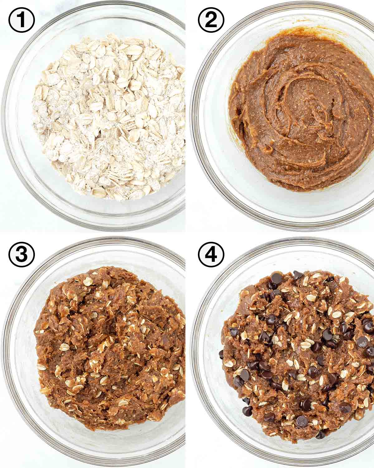 A collage of four images showing the first sequence of steps needed to make oatmeal peanut butter cookies.