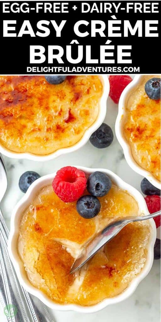Pinterest pin with an overhead image of vegan crème brulee, this image is for pinning this recipe to Pinterest.