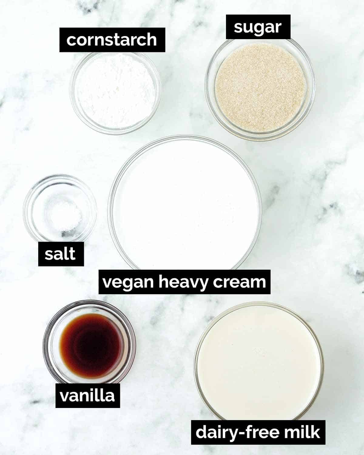 An overhead shot showing the ingredients needed to make vegan crème brulee.