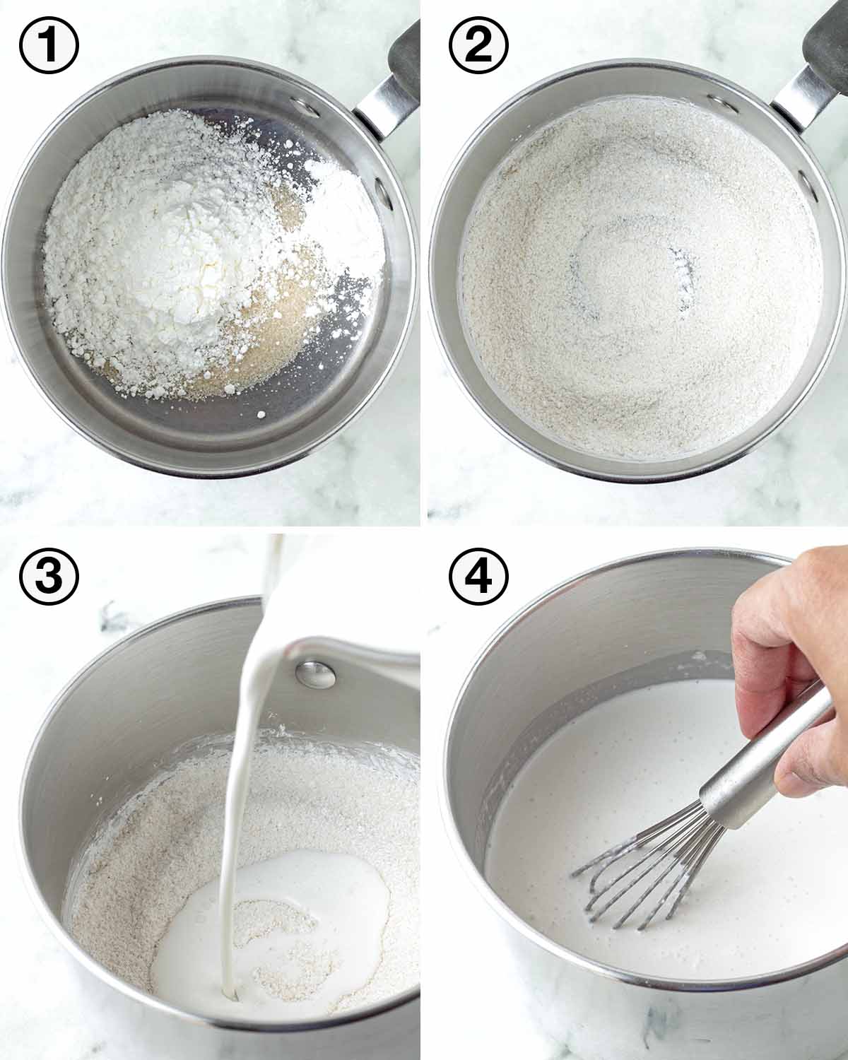 A collage of four images showing the first sequence of steps needed to make vegan crème brulee.