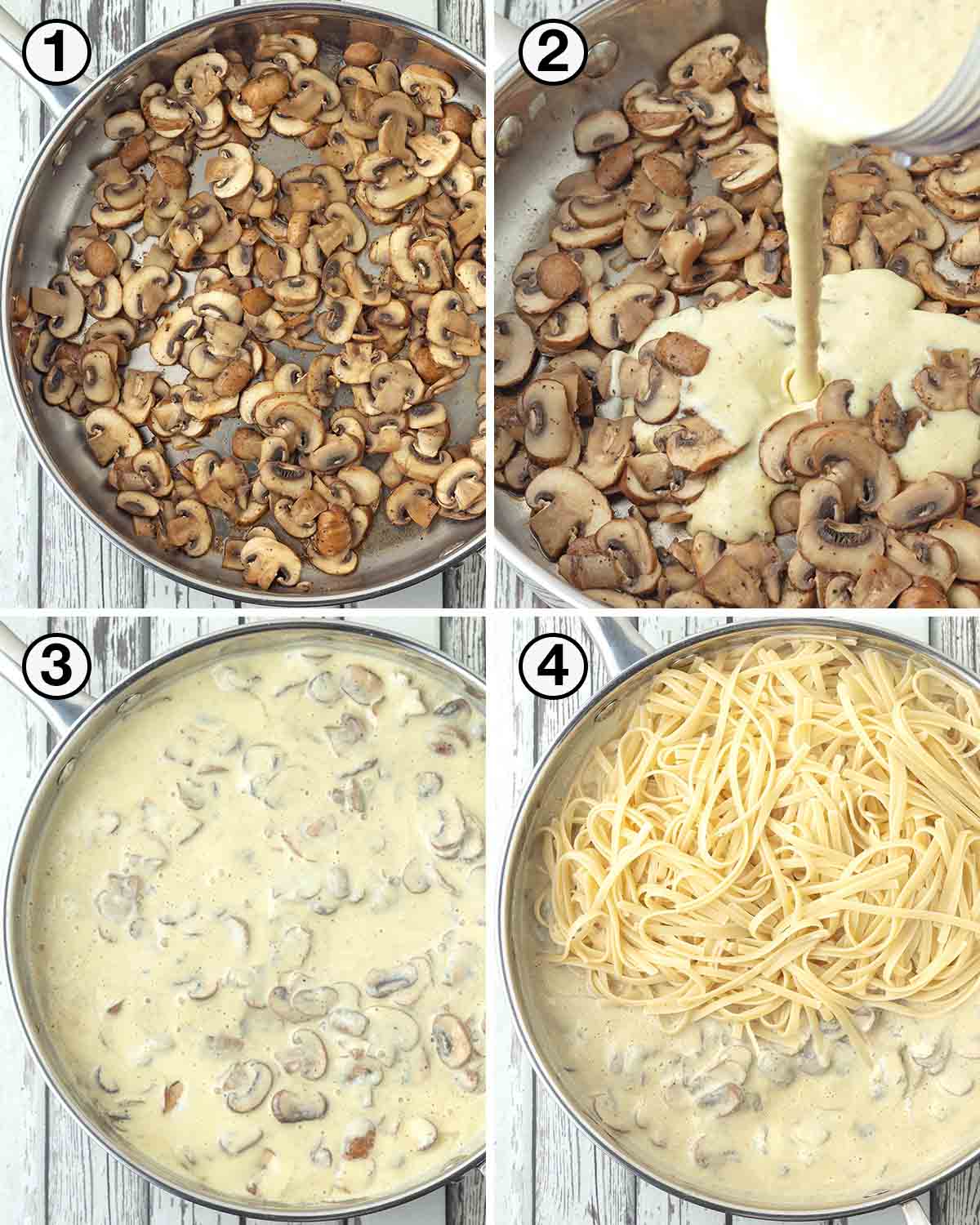 A collage of four images showing the first sequence of steps needed to make vegan mushroom pasta.