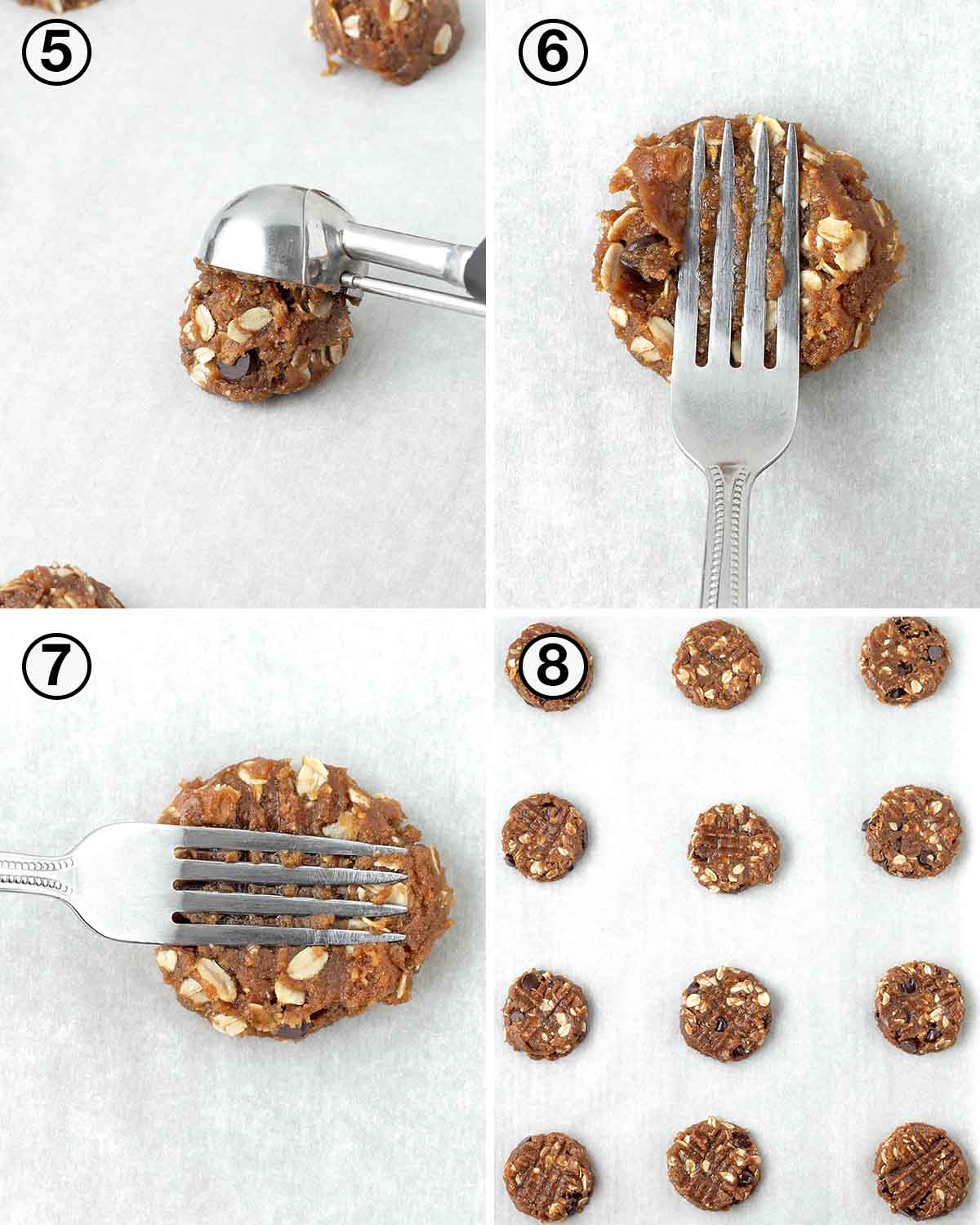 A collage of four images showing the second sequence of steps needed to make oatmeal peanut butter cookies.
