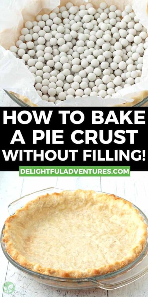 Pinterest pin of an image of pie weights being poured into a raw pie crust, this image is for pinning this post to Pinterest.