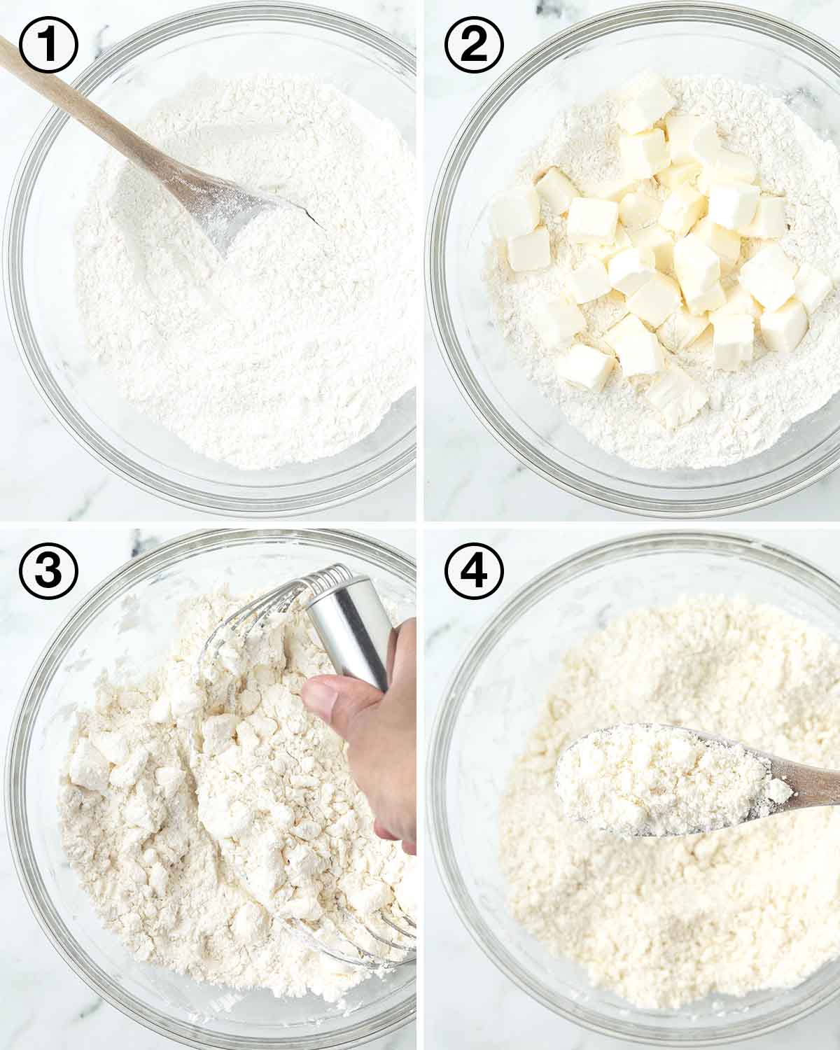 A collage of four images showing the first sequence of steps needed to make a flaky vegan pie crust.