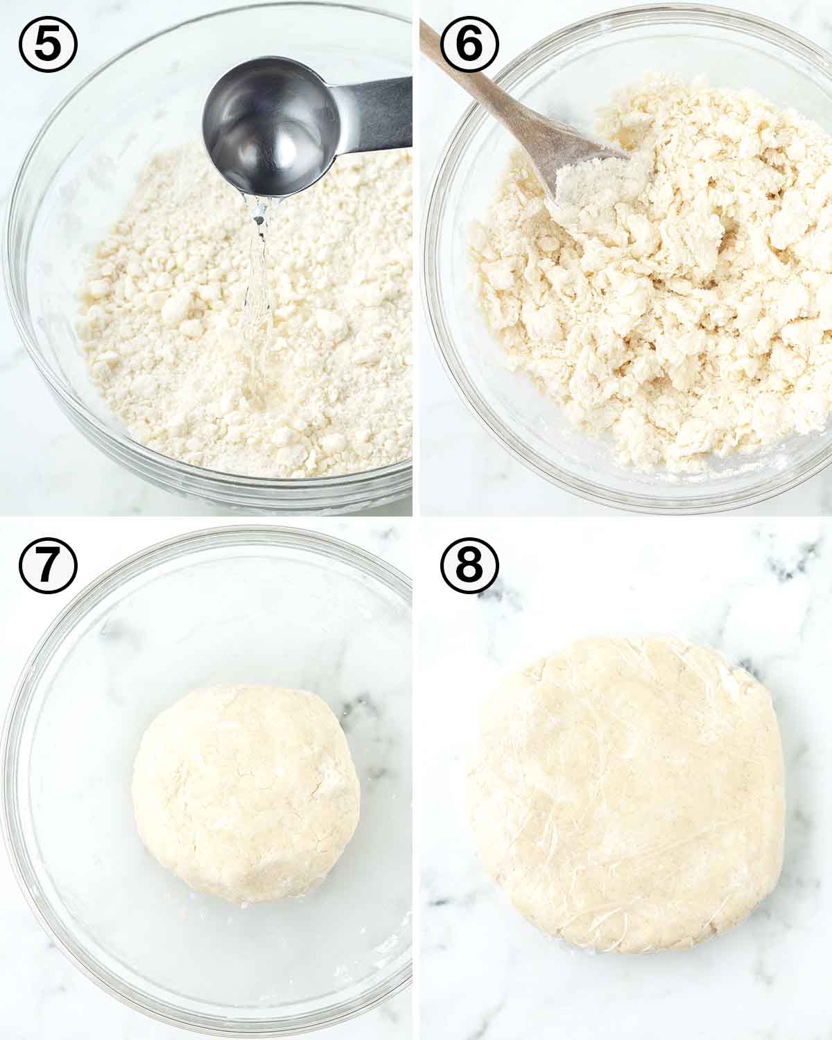A collage of four images showing the second sequence of steps needed to make a flaky vegan pie crust.