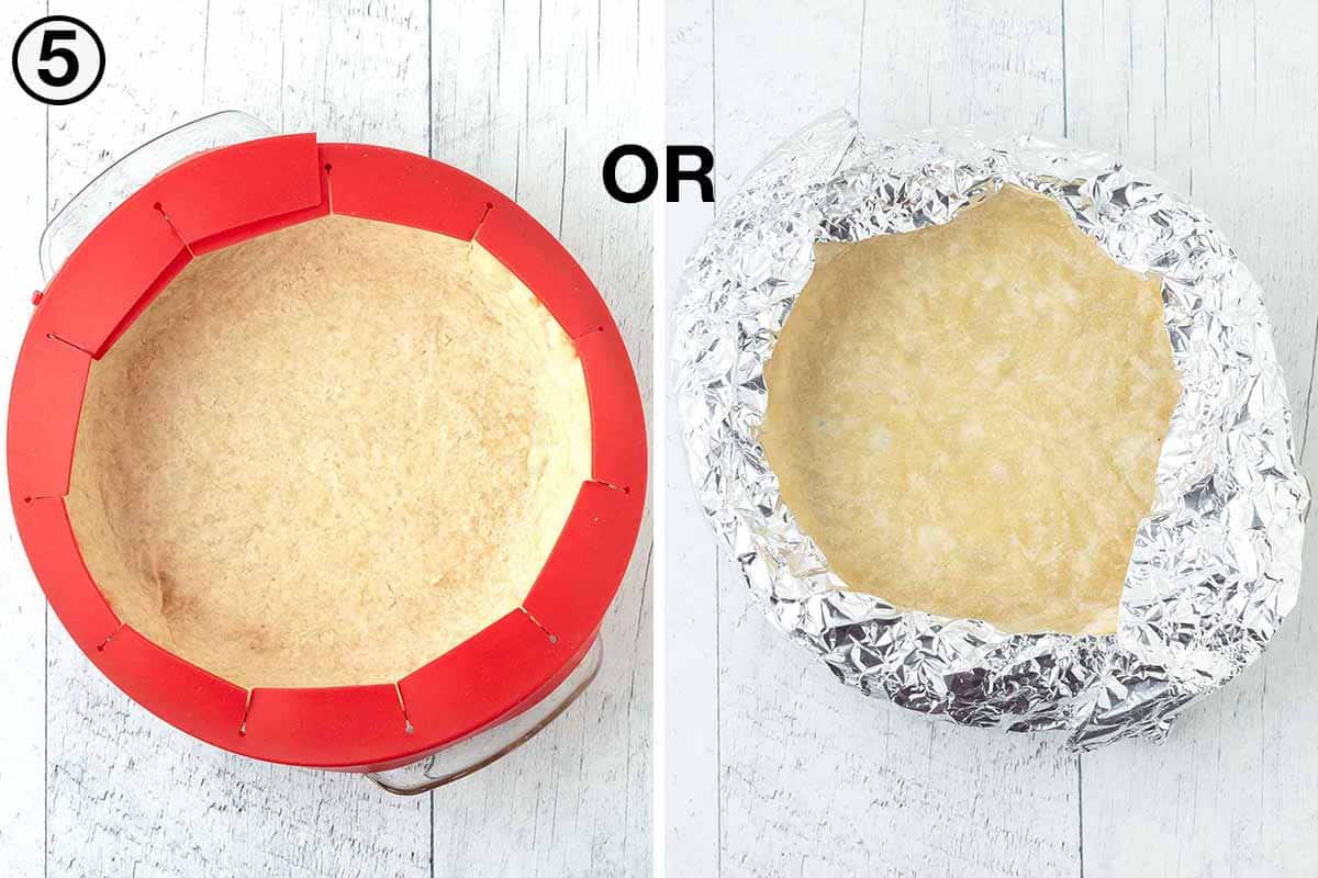 2 images of a par-baked pie crust, one has the edges covered with a silicone pie shield, and the other is covered with foil.