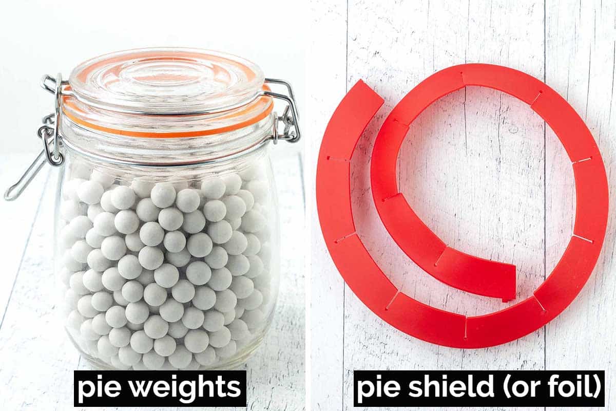 Two images of the tools needed to blind-bake a pie crust (pie weights and a pie shield).