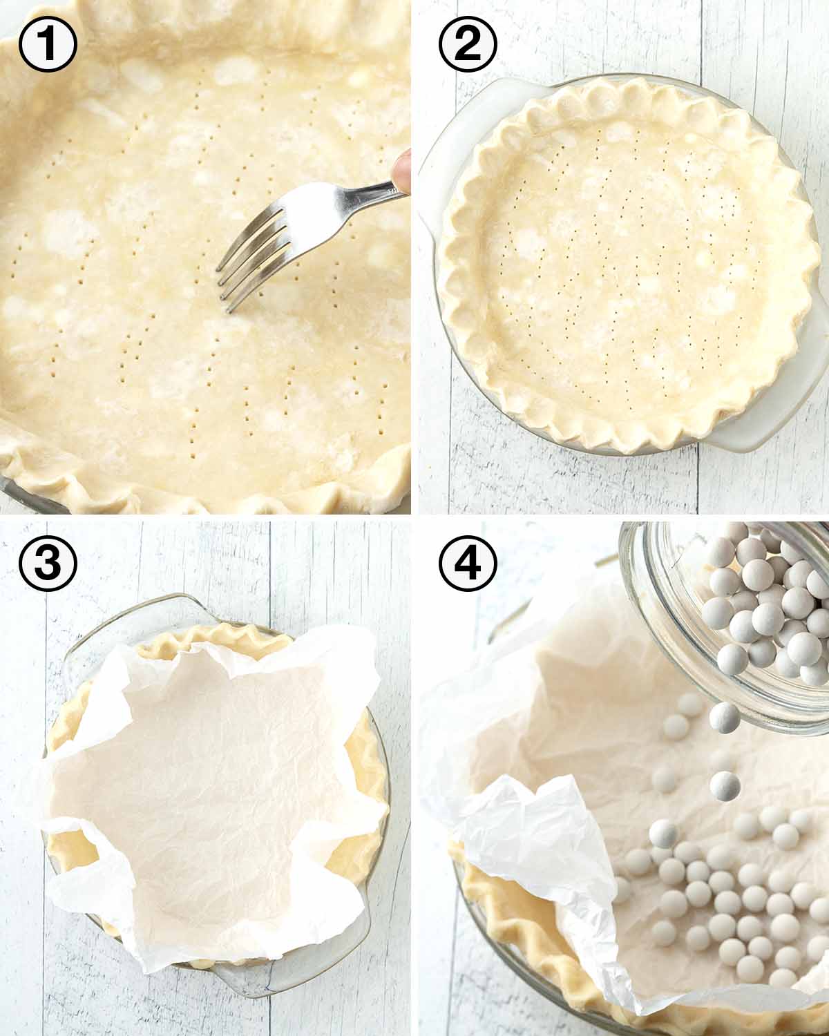 A collage of four images showing the first sequence of steps needed to bake an empty pie crust.