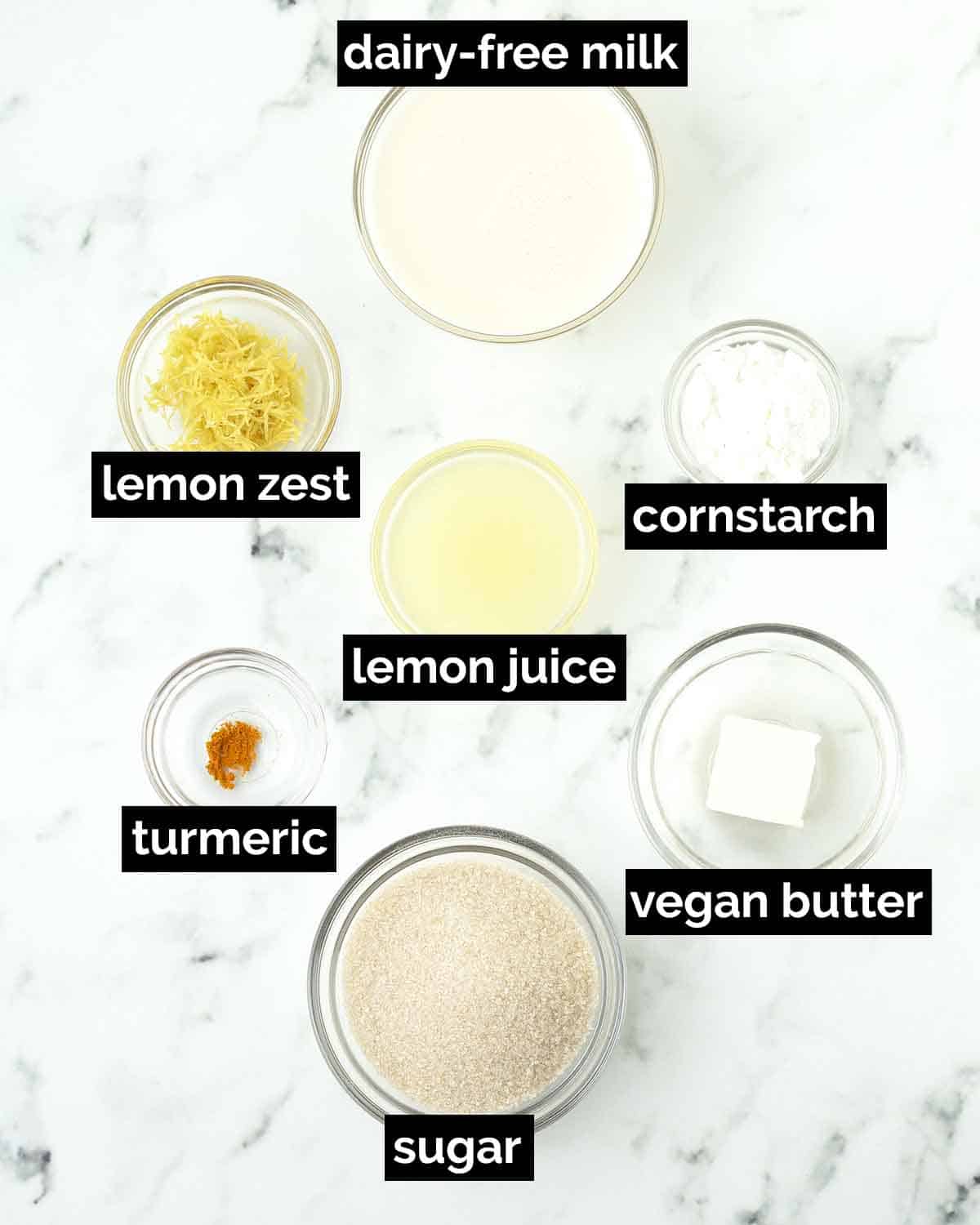 An overhead shot showing the ingredients needed to make vegan lemon curd.