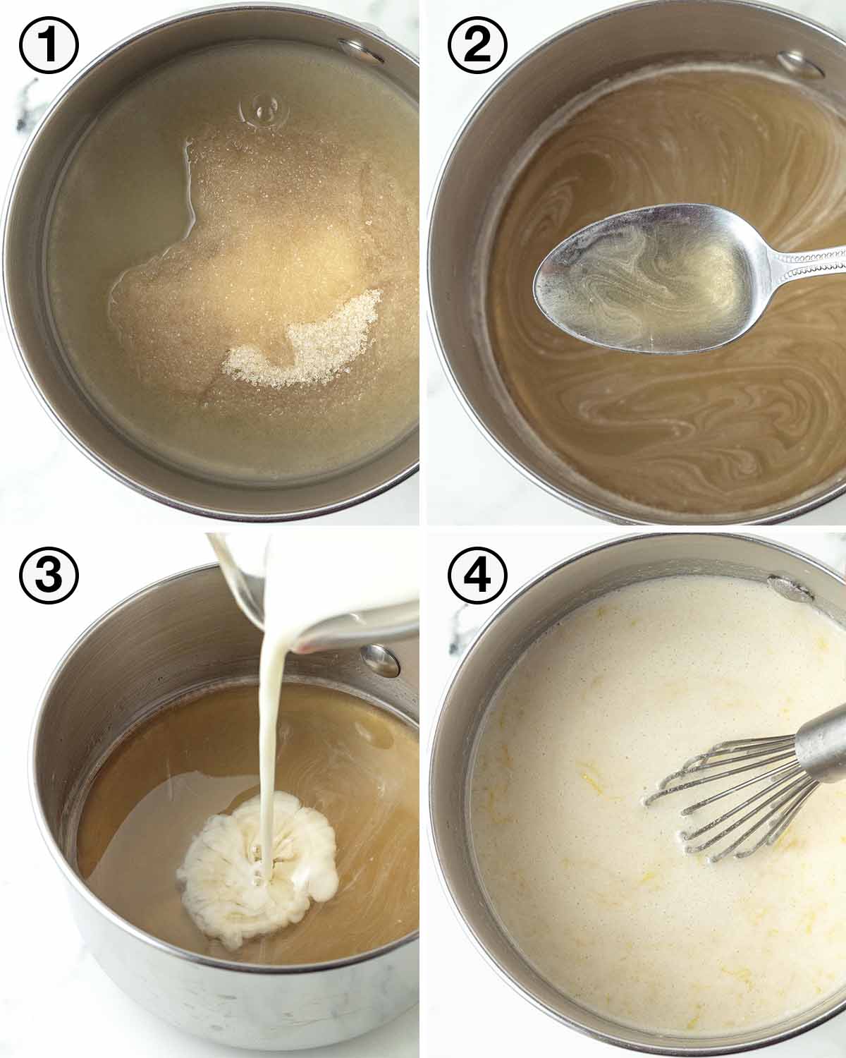 A collage of four images showing the first sequence of steps needed to make vegan lemon curd.