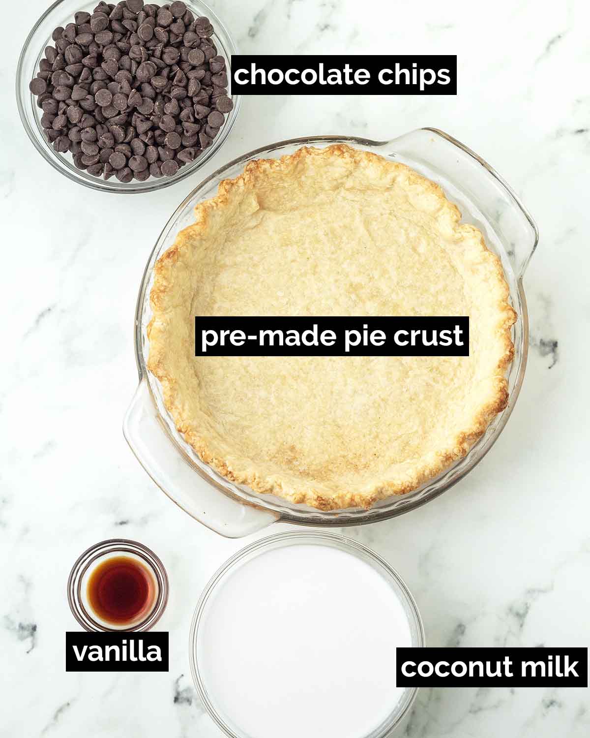 An overhead shot showing the ingredients needed to make vegan chocolate pie.