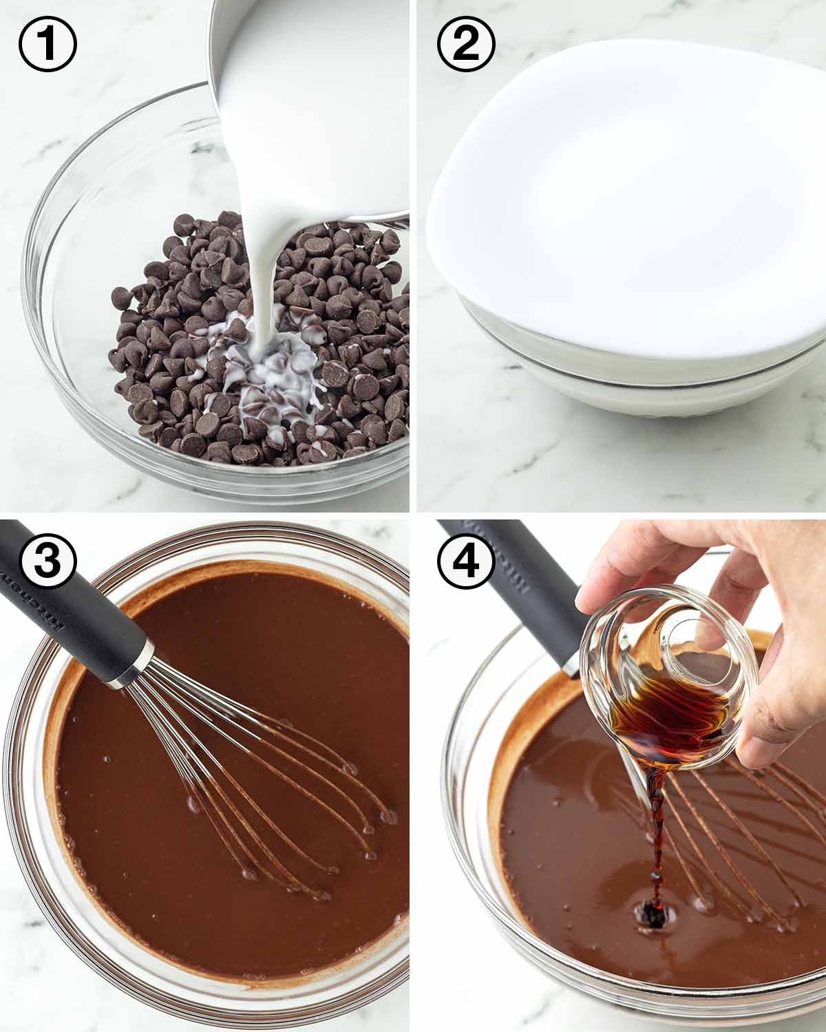 A collage of four images showing the first sequence of steps needed to make a vegan chocolate pie.