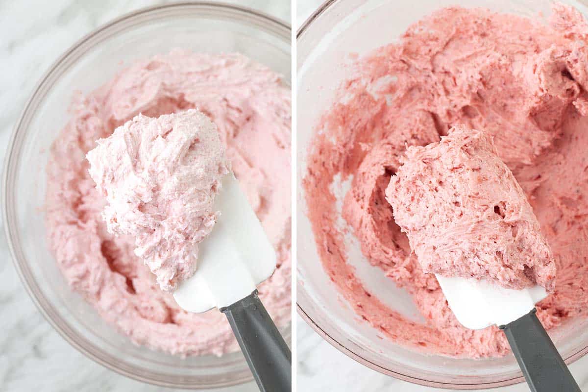Two images showing the difference in colour between vegan strawberry buttercream made with fresh and freeze-dried berries.
