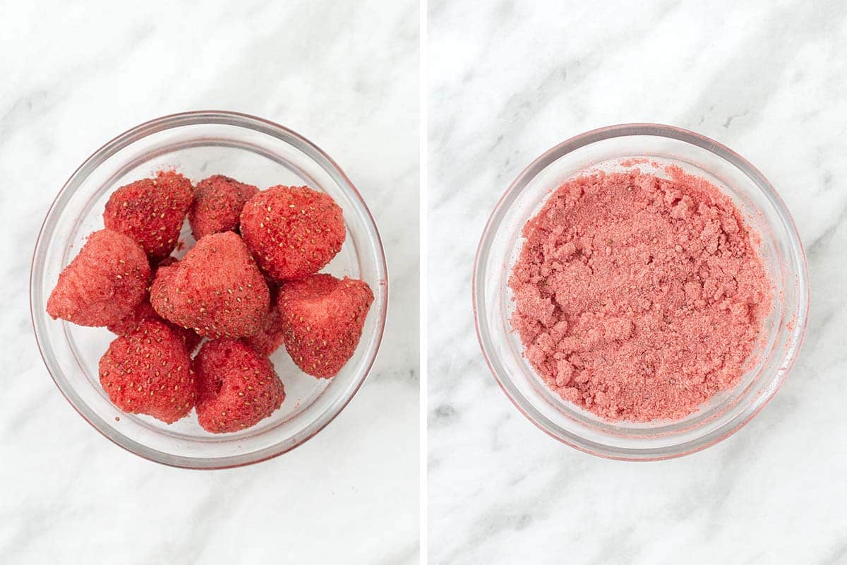 A collage of two images showing freeze fried strawberries before and after turning it into a powder.