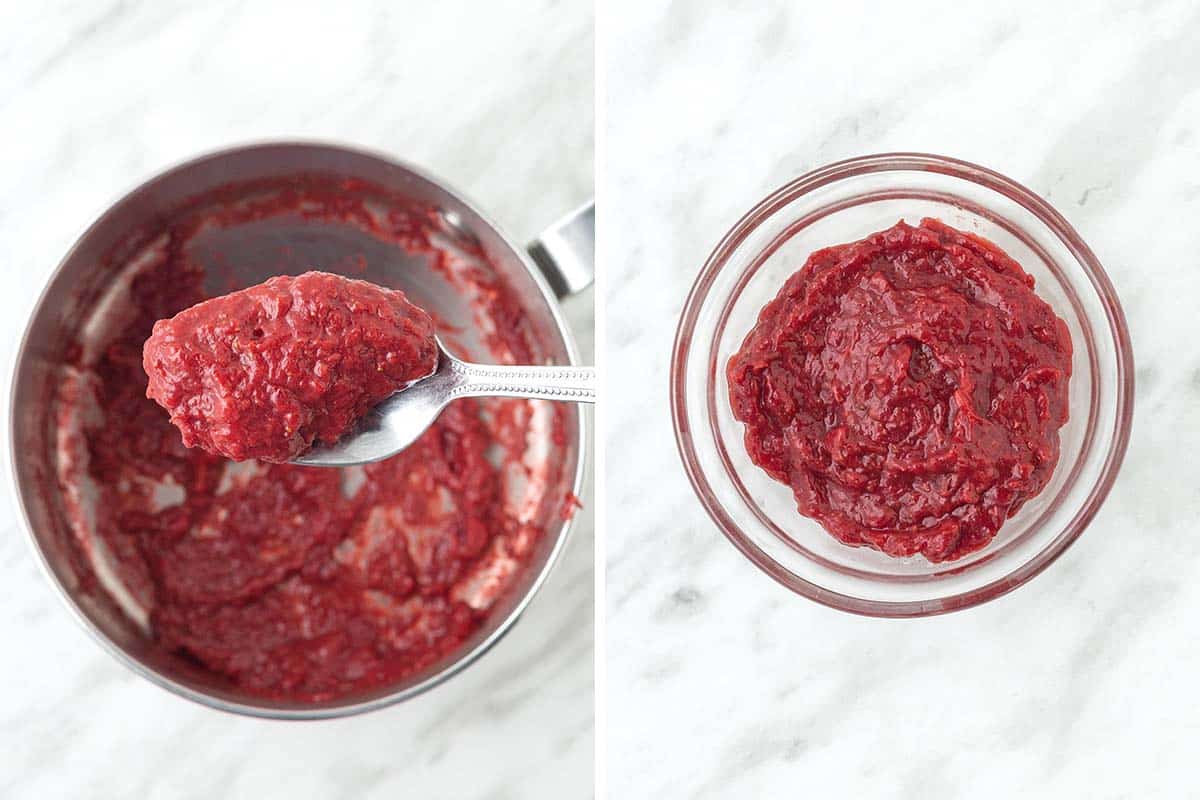 A collage of two images showing reduced fresh strawberries for making frosting.