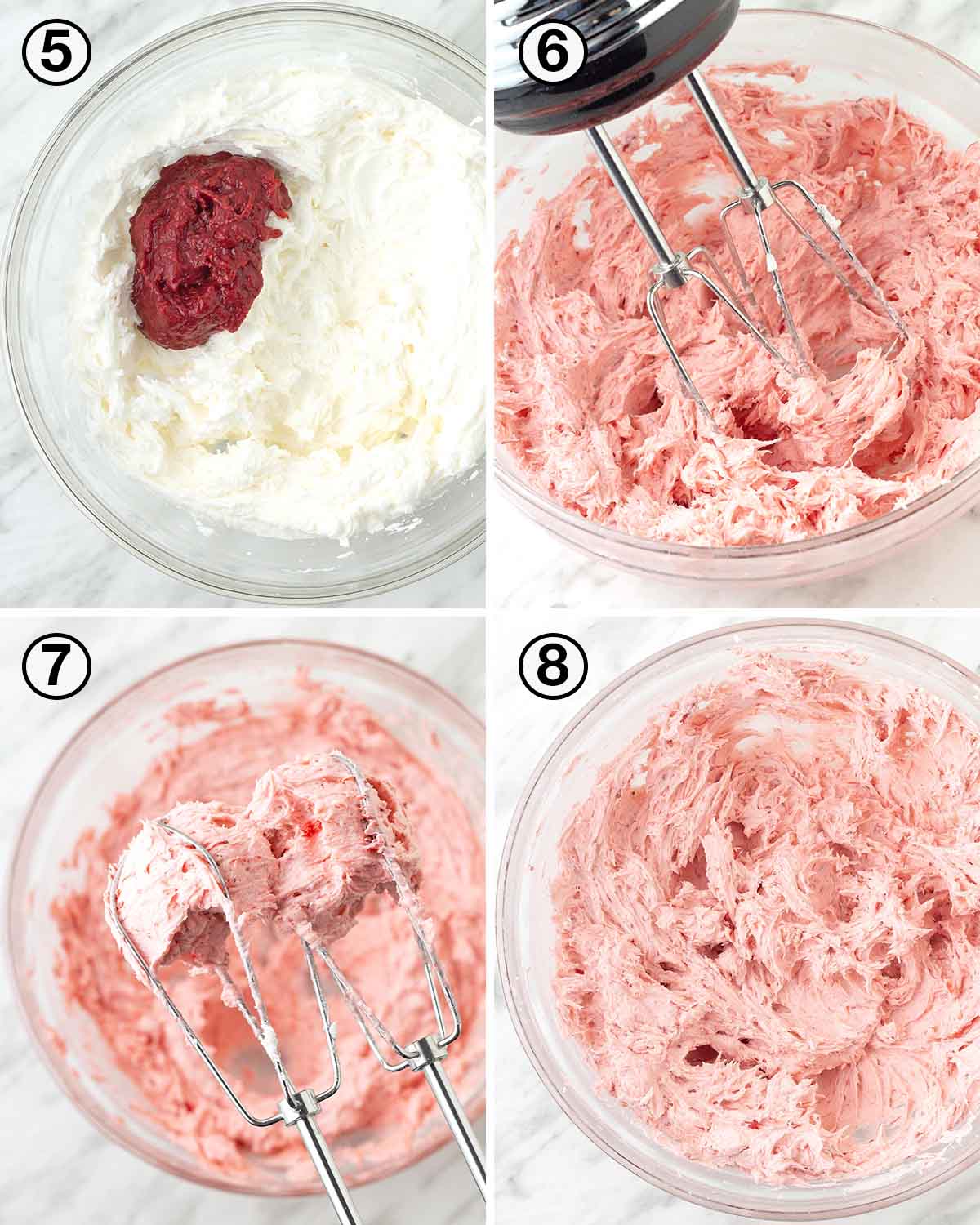 A collage of four images showing the second sequence of steps needed to make vegan strawberry frosting with fresh berries.