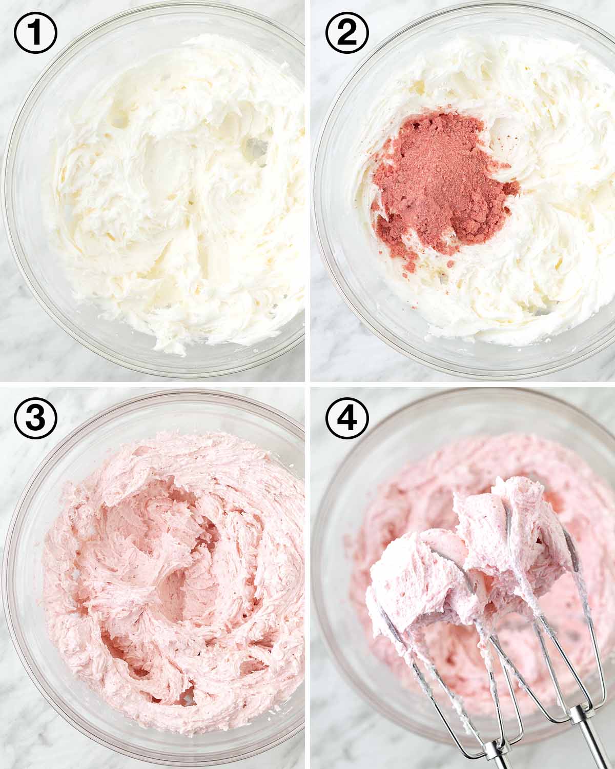 A collage of four images showing the sequence of steps needed to make vegan strawberry frosting with freeze-dried berries.