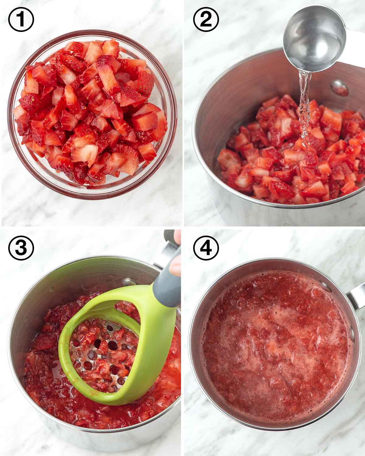 A collage of four images showing the first sequence of steps needed to make vegan strawberry frosting with fresh berries.