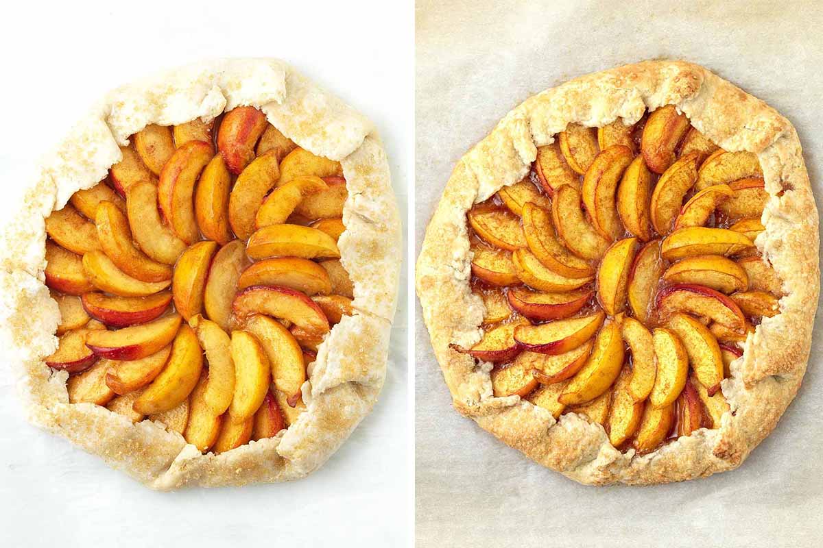 Two images of a vegan peach galette before and after it has been baked.