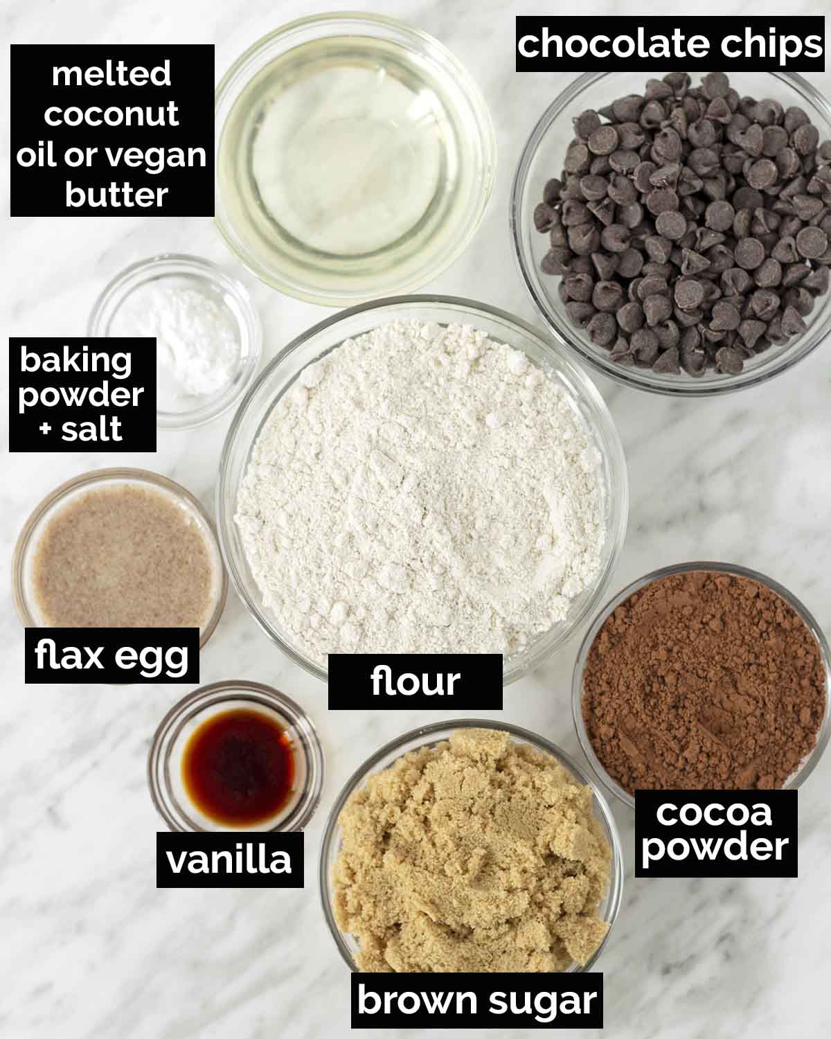 An overhead shot showing the ingredients needed to make vegan chocolate cookies.