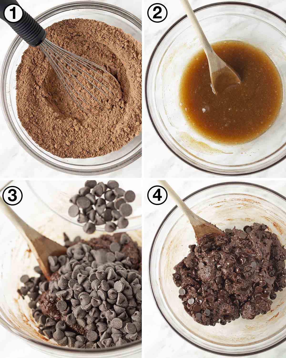 A collage of four images showing the first four steps needed to make vegan chocolate cookies.
