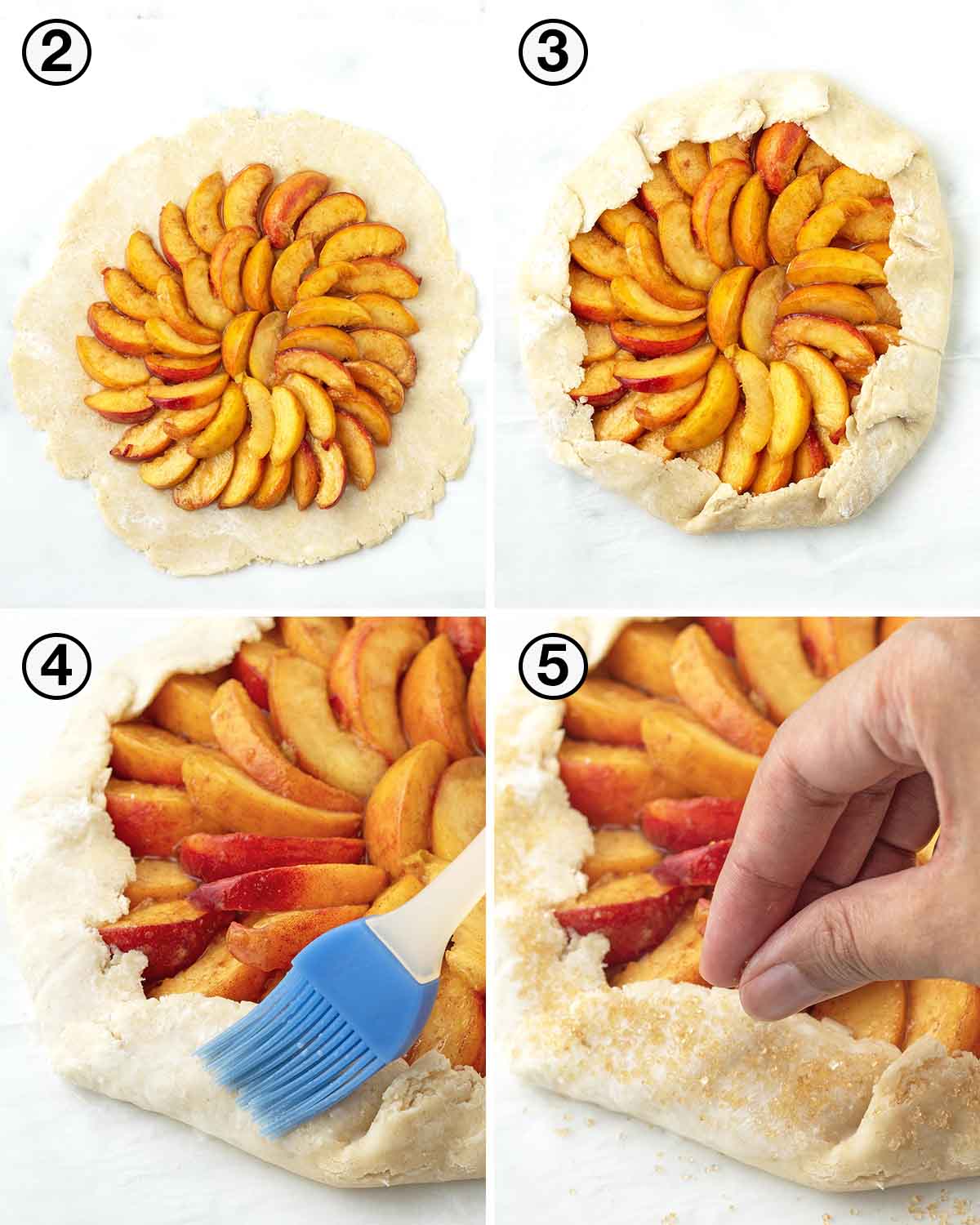 A collage of four images showing the third sequence of steps needed to make a vegan peach galette.