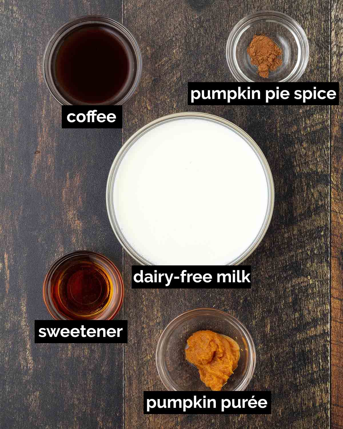 An overhead shot showing the ingredients needed to make a vegan pumpkin spice latte.