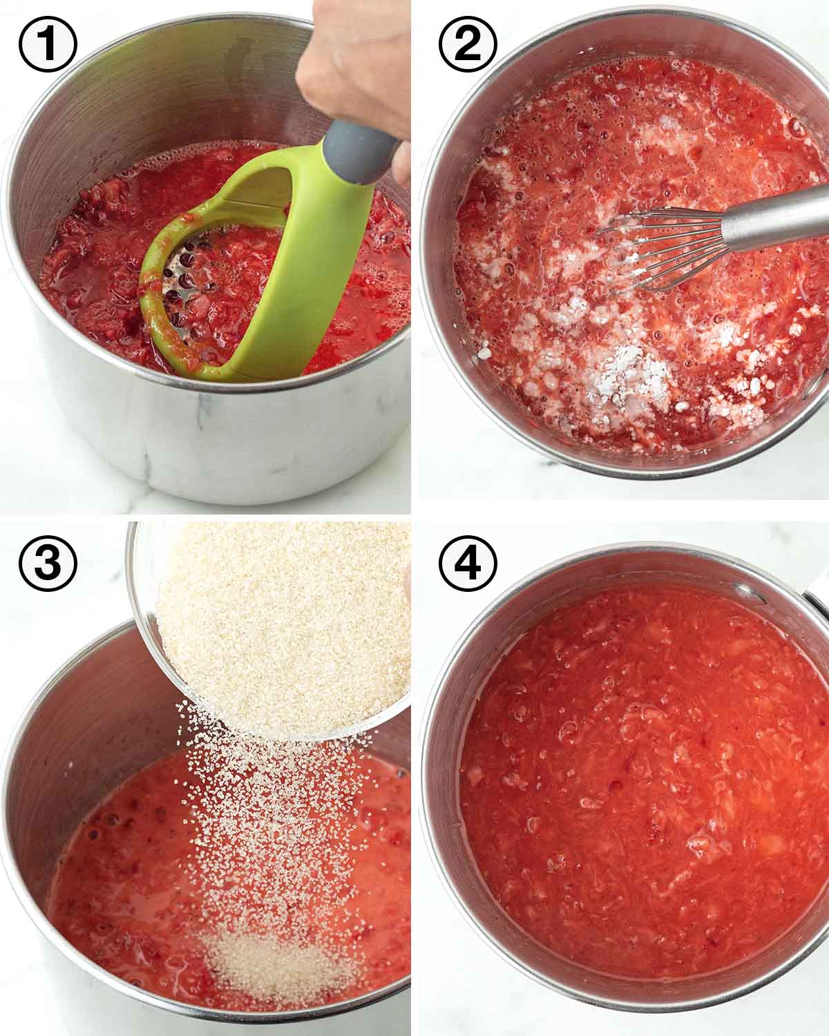 A collage of four images showing the first sequence of steps needed to make a vegan strawberry pie.