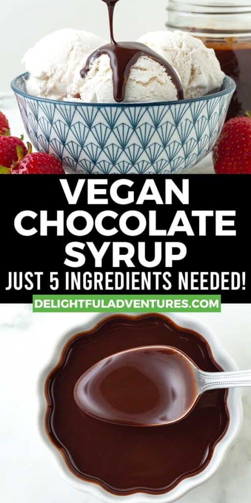 Pinterest pin with two images of vegan chocolate syrup, this image is for pinning this recipe to Pinterest.