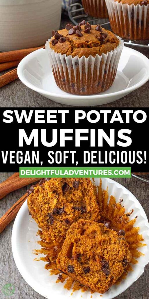 Pinterest pin with two images of vegan sweet potato muffins, this image is for pinning this recipe to Pinterest.