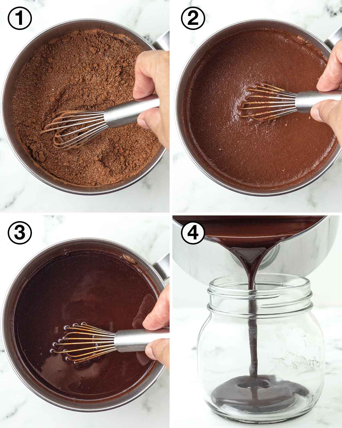 A collage of four images showing the sequence of steps needed to make vegan chocolate syrup.
