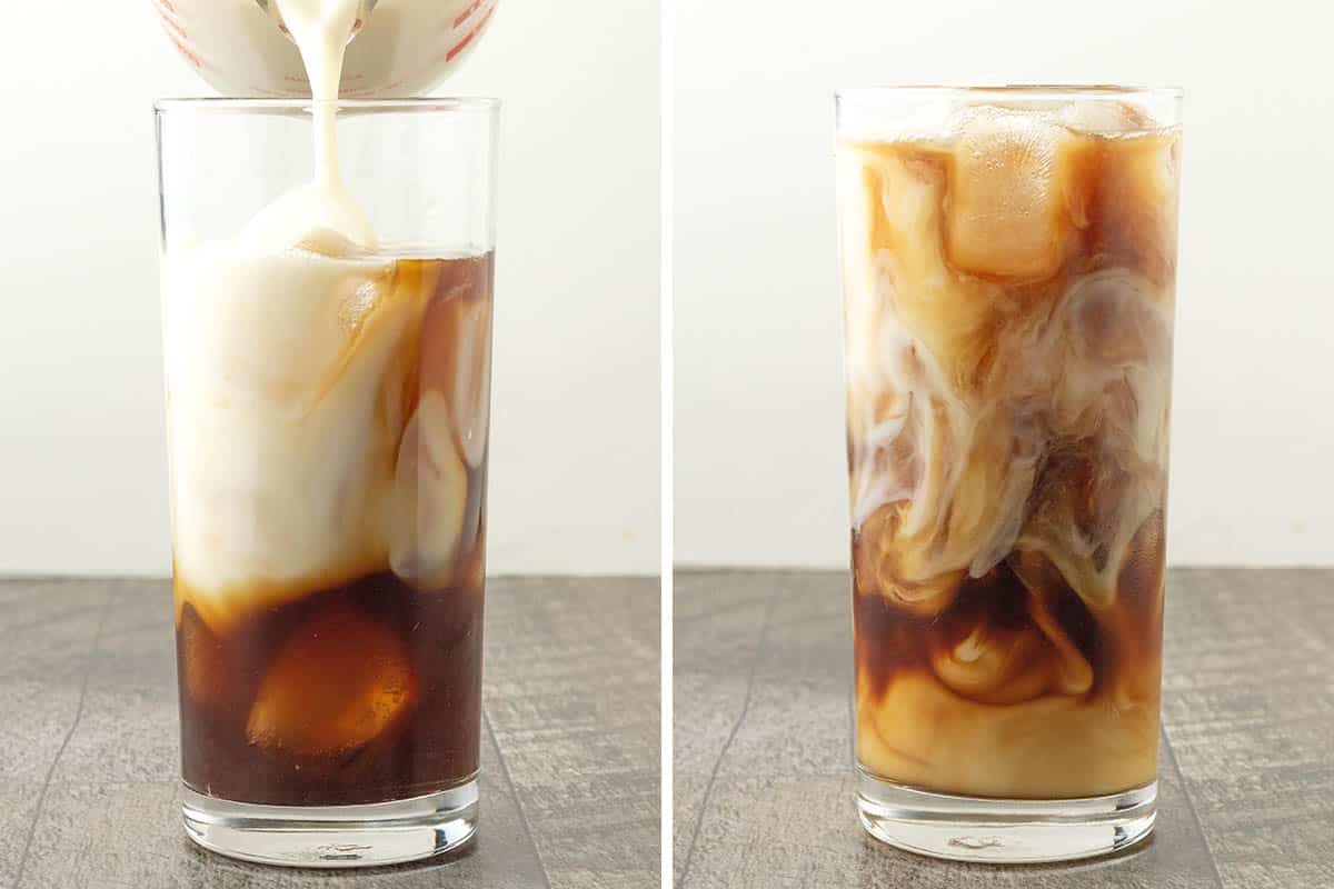 Two images, one shows almond milk being poured into a glass with ice and coffee, the other image shows the finished drink.