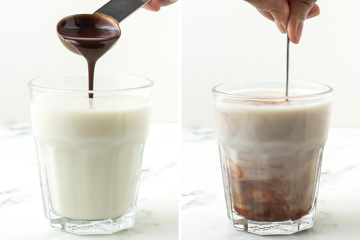 Two images, one shows chocolate syrup being poured into a glass of oat milk, the other image shows the drink being stirred.