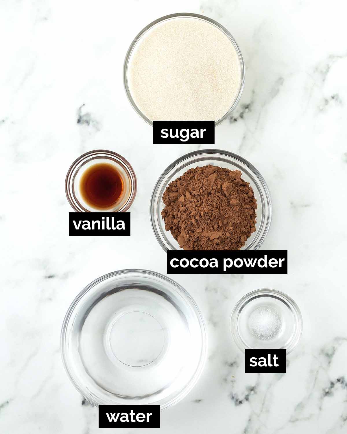 An overhead image showing the ingredients needed to make vegan chocolate syrup.